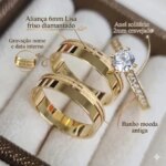 Par Aliança banho Moeda Antiga Reta 6MM 2 Frisos Jateados + Anel solitário crave...